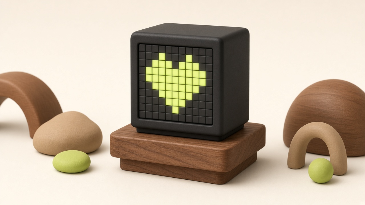 Illustration of Divoom TimeBox Evo pixel-art speaker