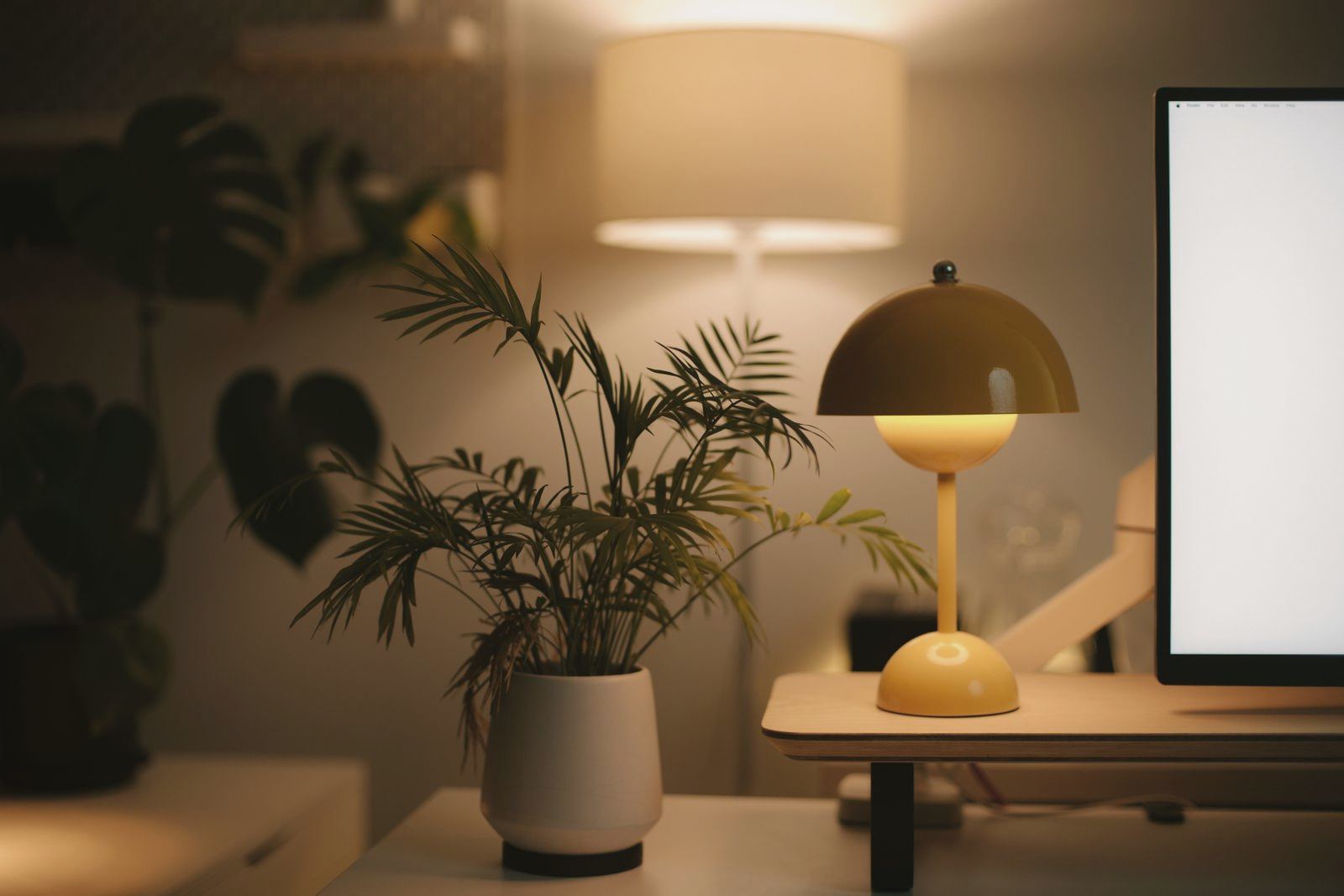 A cozy home office desk setup with warm lighting, featuring a plant and modern lamp.