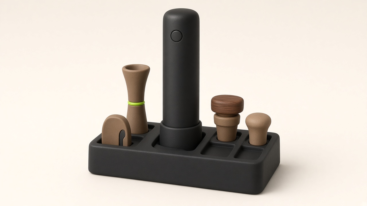 Illustration of Moocoo electric wine opener with charging base