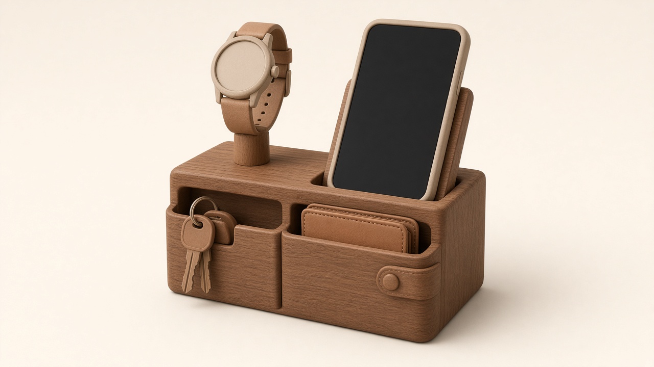 Illustration of TESLYAR wood phone docking station